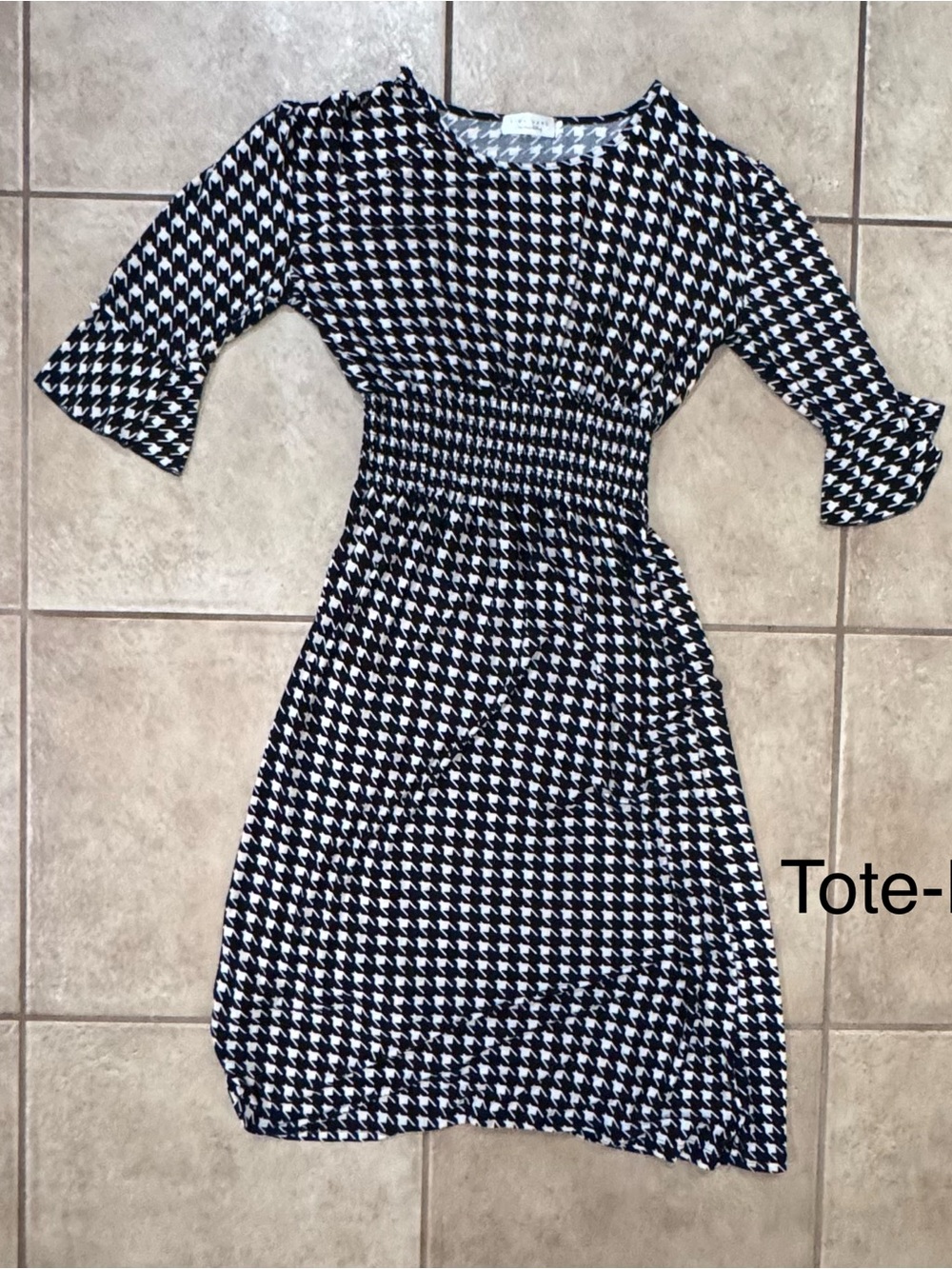 Black & White Houndstooth Midi Dress with Smocked Waist